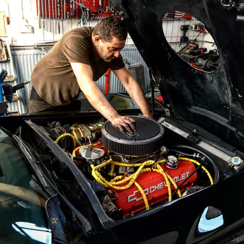 KfZ-Meister Mehmet Güloglu bei der Reparatur eines Motors